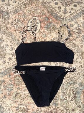 Black Bikini Set with Leopard Trim